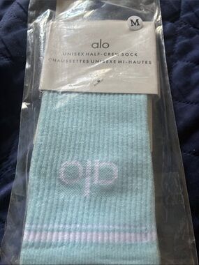 ALO Yoga Light Mint Ribbed Half-Crew Socks with Pink Accent